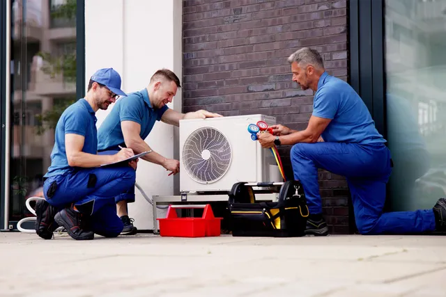 HVAC technicians servicing commercial equipment