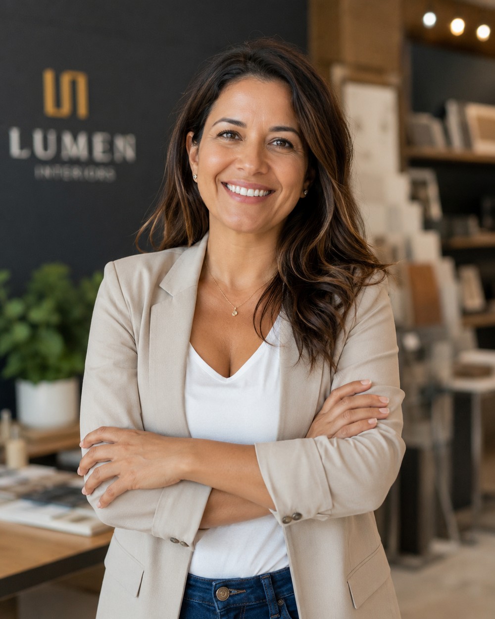 Business owner standing confidently inside her business