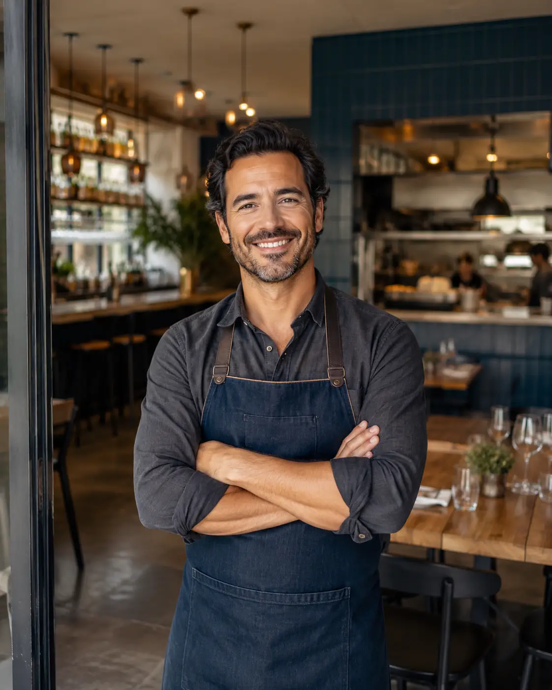 Smiling restaurant owner standing inside a modern restaurant