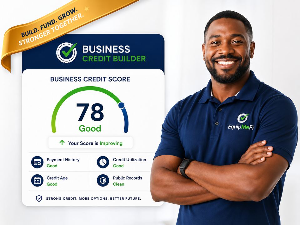 EquipMeFi Business Credit Builder dashboard and confident business owner